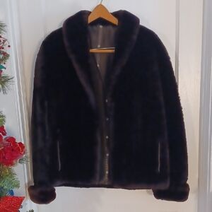 Elegant Black (Very Dark Brown)Mouton Fur Coat Shawl Collar Cuffed Sleeves